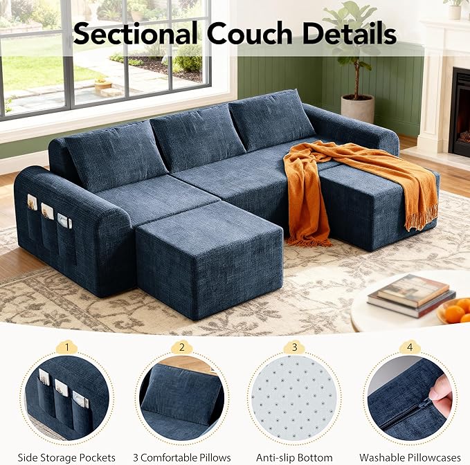 86.6 Cloud Boneless Sectional Sofa for Living Room 3-Seater Modular Couch for Small Apartments with 2 Ottomans Deep Seat Chenille Fabric Sofa No Assembly Required 72H Full Restore Blue