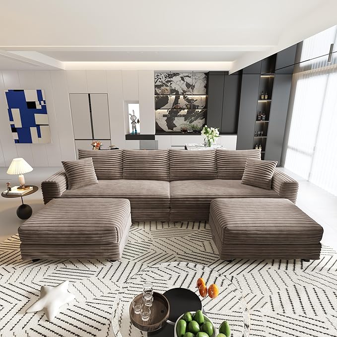 Cloud U Shaped Couch Modular Sectional Sofa 4 Seater Corduroy Cloud Sofa Couch with Ottoman 102.4'' Oversized Chaise Lounge Sleeper Sofas Deep Seat Sectional Couches for Living Room Camel