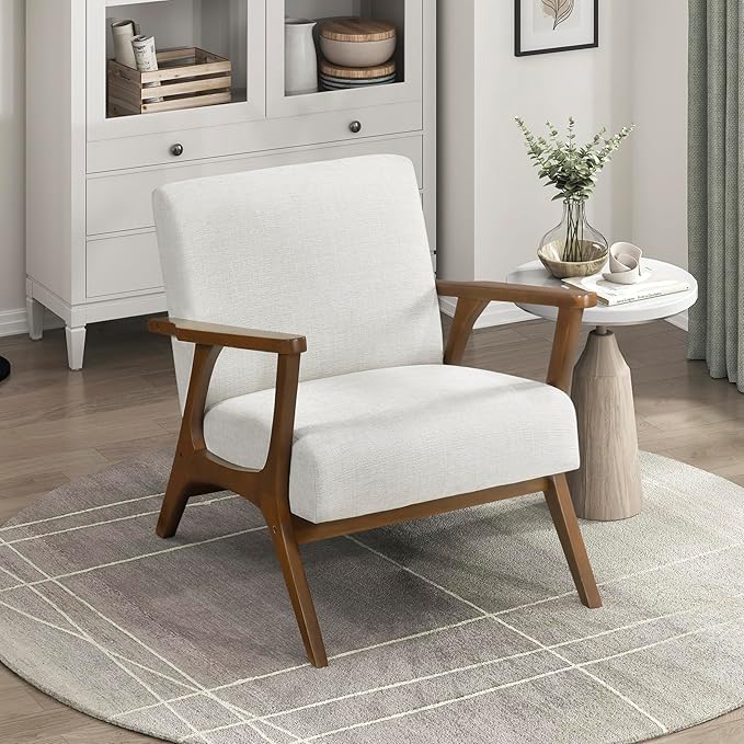 Lexicon Mid-Century Modern Accent Chair Woven Chenille Fabric Lounge Chair Chestnut Solid Wood Frame Wide Arm Rest and Cushioned Comfort for Living Room/Office/Bedroom/Reading Nook Beige