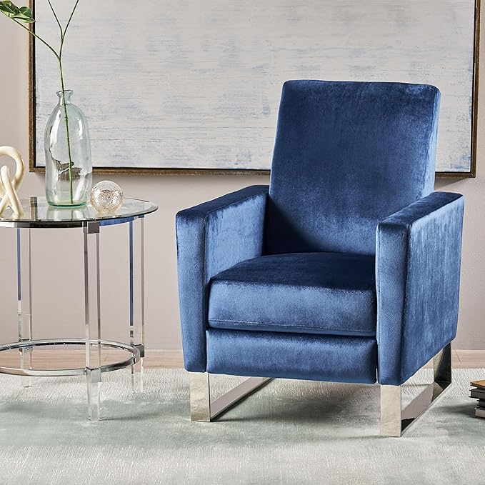 Mid-Century Fabric Rocker Recliner Chair Adjustable Single Recliner Sofa with Thicker Seat Cushion with Pocket for Living Room Bedroom Apartment (Blue)