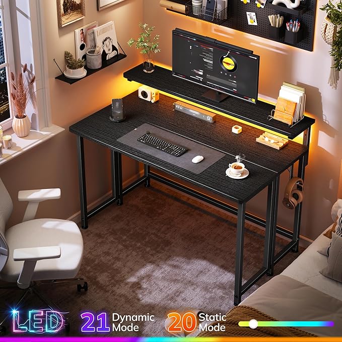Folding DeskFoldable Computer Desk with Monitor Stand39.4 Inch Gaming Desk with LED Lights &amp HooksSpace Saving Sofa Table for CouchHome Office Desk for Bedroom Living RoomBlack
