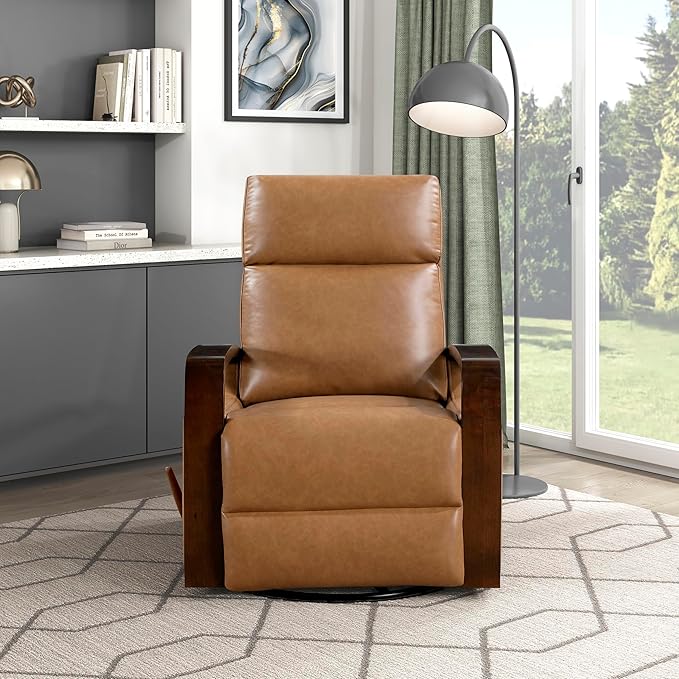 Lexicon 360 Degree Swivel Glider Reclining Chair Breathable Faux Leather Manual Recliner Comfy Nursery Glider Recliner Wood Arms Pull Handle for Living Room/Office/Bedroom/Apartment Camel Brown