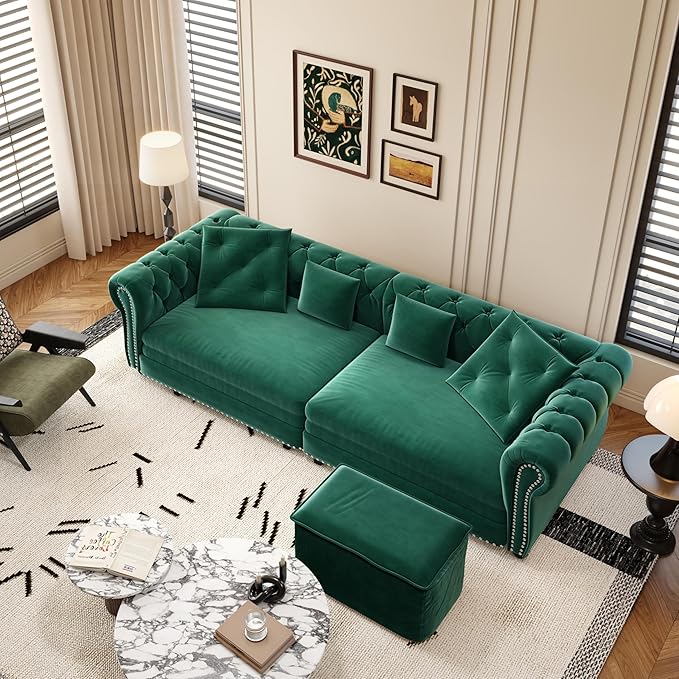 Queen Sleeper Sofa Bed with Movable Ottoman 3 in 1 Convertible Sectional with Pull Out Bed with Mattress Comfy Velvet Tufted Chesterfield Sofa Mid Century Modern Couches Living Room (Emerald Green)