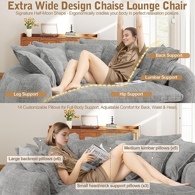 82'' Oversized Upholstered Sofa Bed Round Chaise Lounge Chair Indoor Modern Chenille Boneless Couch No Assembly Required Plush Sleeper Chair with 14 Pillows for Living Room Light Grey
