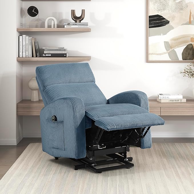 Lexicon Power Lift Recliner Chair for Elderly with Remote Control Gentle Lift Motion Side Pocket Armrest Corduroy Upholstered Electric Recliner for Living Room/Bedroom Easy Assembly Midnight Blue