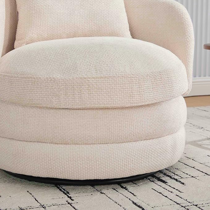 360° Small Swivel Accent Chair Round Swivel Barrel Chair with Round Backrest &amp Wide Seat Comfy Chenille Barrel Chairs for Living Room Bedroom Easy 15-Min Assembly Boucle (Beige)