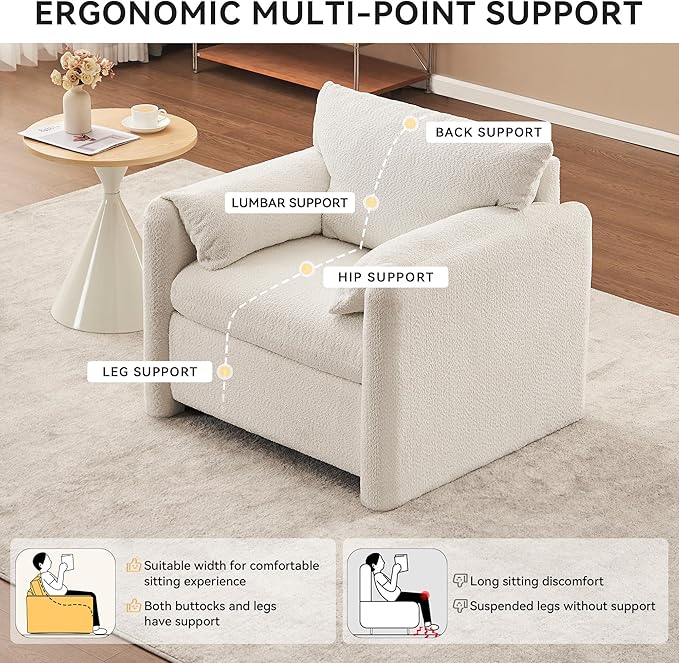 Chenille Oversized Armchair 34.8 Accent Chairs with Resilience Cushion Upholstered Reading Lounge Chair Comfy Single Sofa Chair for Living Room (White-with no Swivel)