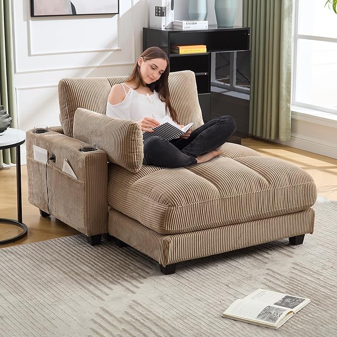 Oversized Lounge Chaise Convertible Sleeper Sofabed Corduroy Sleeper Daybed Indoor Recliner Chair Sofa Bed with Cupholders and Adjustable Headrests for Living Room Bedroom Reading Home Apartment