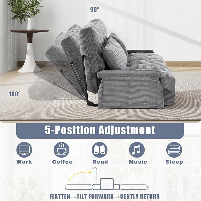 5-Position Adjustable Floor Sofa CouchMulti-Functional Bean Bag BedFoldable Lazy Sofa Sleeper Bed with ArmrestIdeal for Reading and Playing (Dark Grey)