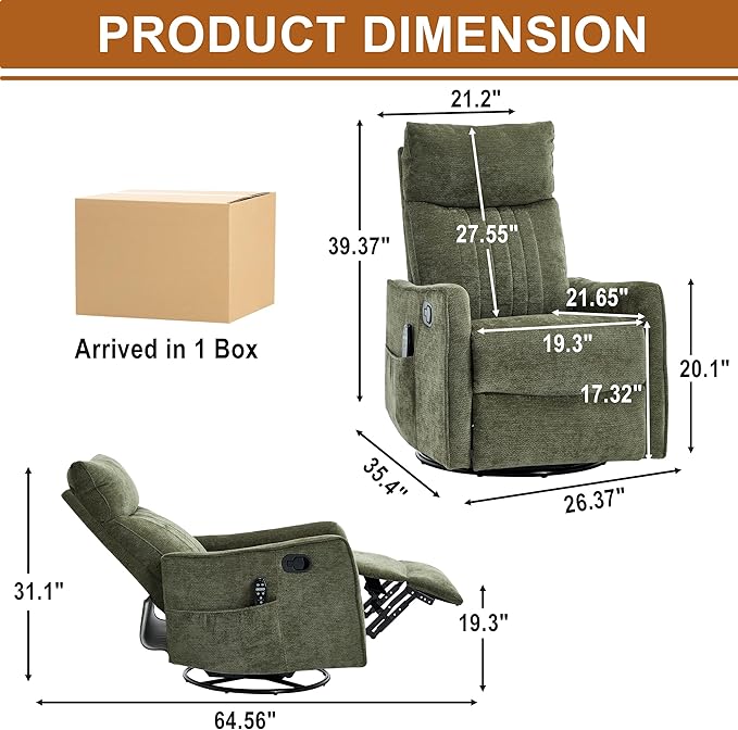 Manual Swivel Rocker Recliner Chair for Adults Overstuffed Glider Chair for Nursery with Massage and Heat Living Room Reclining Chair Fabric Green