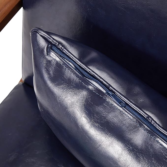 Glitzhome 2 Set Mid Century Navy Blue Accent Armchair Single Reading Armchair PU Leather Lounge Chair with Walnut Ruberwood Frame