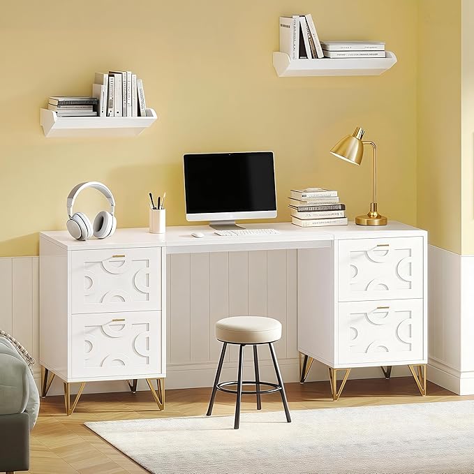 Tribesigns White and Gold Computer Desk 59'' Modern Writing Table with File Drawers Luxury Home Office Executive Desk with Gold Metal Legs for Work or Vanity Use