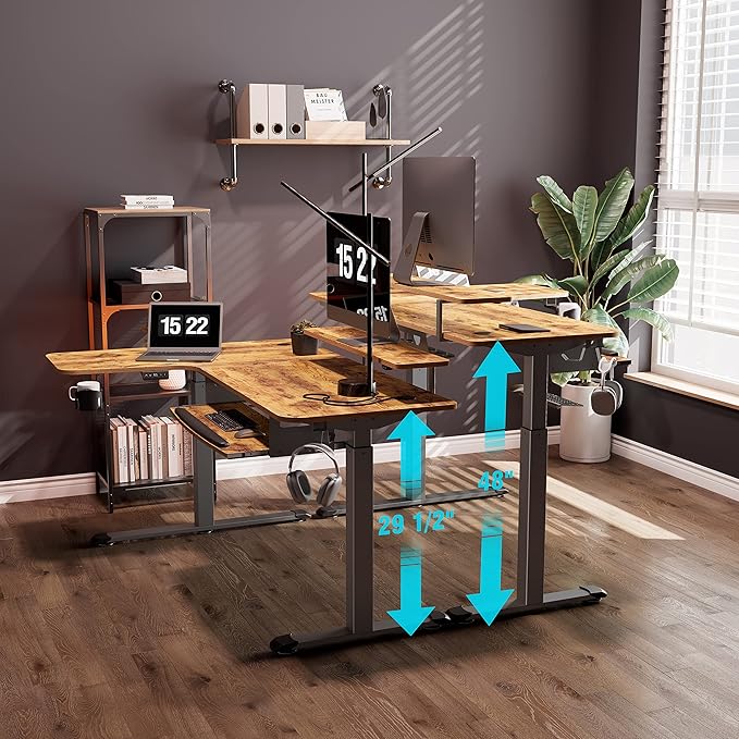 EUREKA ERGONOMIC Standing Desk with Keyboard Tray Computer Desk 61 L Shaped Electric Adjustable Height Desk w Monitor Stand LED Corner Sit Stand Desk Gaming Desk Dual MotorRight/Rustic Brown