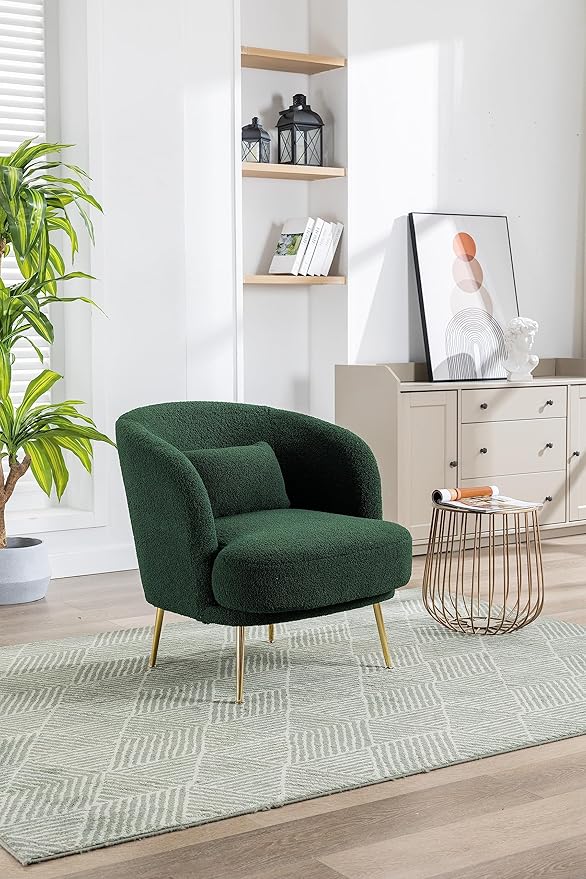 30.32 W Accent Chair Upholstered Curved Backrest Reading Chair Single Sofa Leisure Club Chair with Golden Adjustable Legs for Living Room Bedroom Dorm Room (Green Boucle)