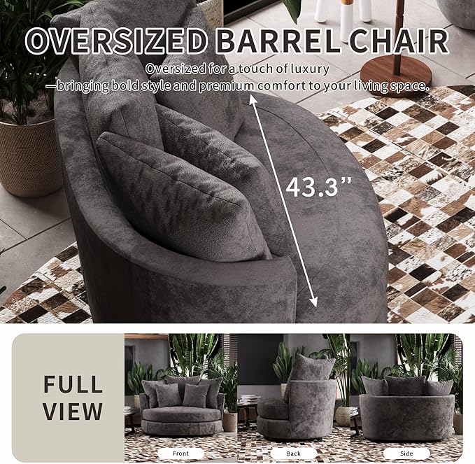 54.9''W Oversized Accent Barrel Chair Chenille Upholstered Comfy Couch Sofa with 5 Pillows for Living Room Apartment Bedroom (Grey).