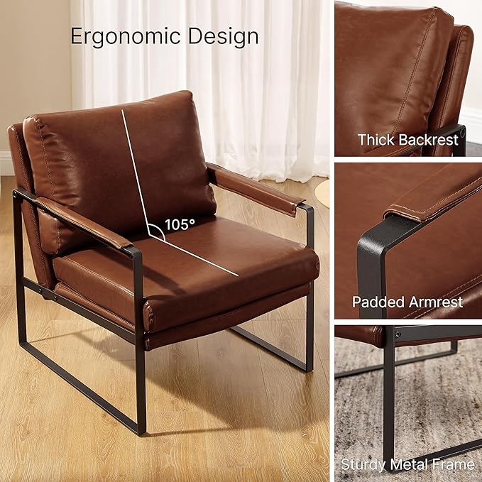 Zouron PU Leather Accent Chair for Bedroom Living Room Chairs Modern Contemporary Upholstered Armchair with Metal Frame for Living Room Office Reception Area Set of 2 Red Brown