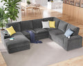 PaPaJet U Shaped Couch 112 Inch Oversized Couch with Storage Chaise Sectional Sofa with Cup Holders &amp 2 USB Ports Corduroy Grey Sofa