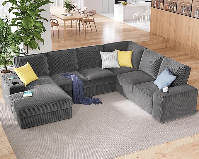 PaPaJet U Shaped Couch 112 Inch Oversized Couch with Storage Chaise Sectional Sofa with Cup Holders &amp 2 USB Ports Corduroy Grey Sofa