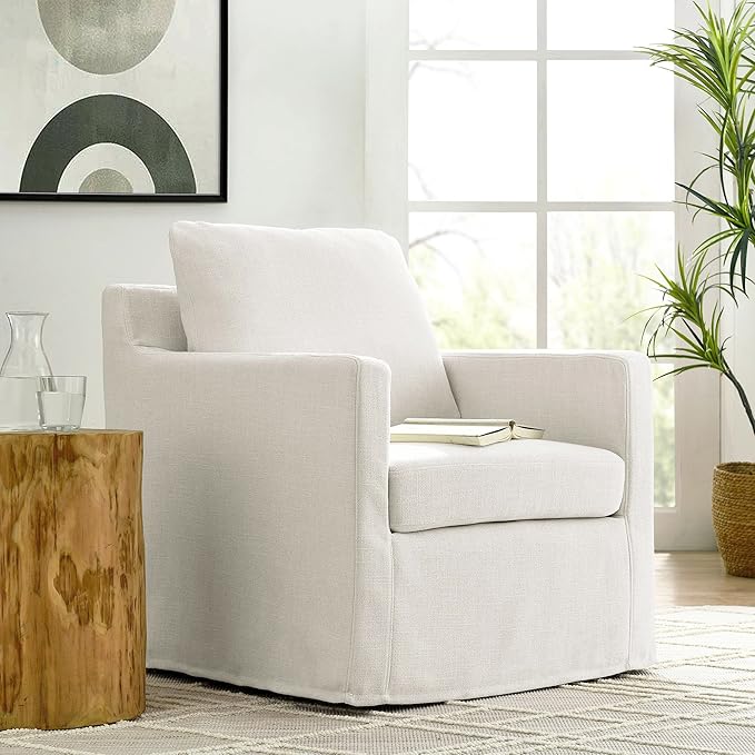 Modway Serene Swivel Accent Armchair in Salt - Modern Fabric Upholstered Chair - Slipcovered Armchair - Swivel Chair for Living Room or Bedroom
