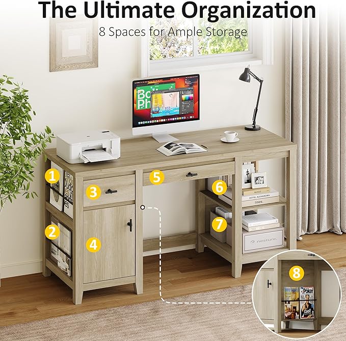58 Office Desk with Drawers Charge Station and Foldable Keyboard Tray Farmhouse Wooden Home Computer Desk with Storage Cabinet and 3 Magazine Rack for Home Office and Study Natural Birch