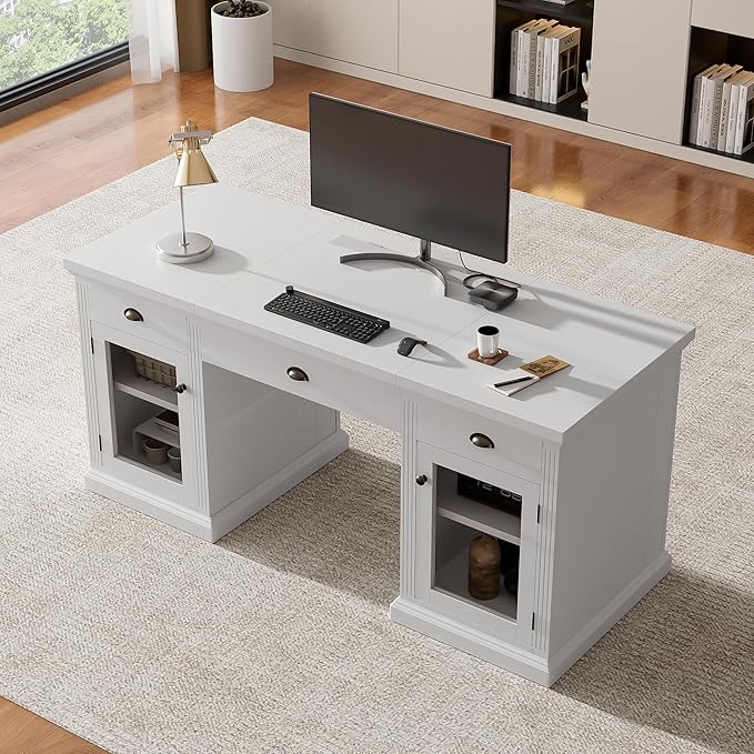 67 Modern White Executive Desk Computer Desk with 2 Glass-Door Cabinets &amp 3 Drawers White Home Office Desk Writing Table with USB Ports Study Workstation for Living Room (White+Glasses)
