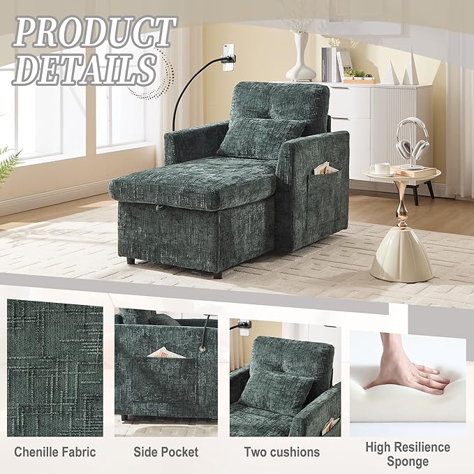 32 Comfy Chaise Lounge Sofa Bed Chair with Storage Side Pockets Phone Holder &amp 2 Pillows Modern Chenille Upholstered Sleeper Sofa Leisure Chair for Living Room Bedroom Small Spaces (Emerald)