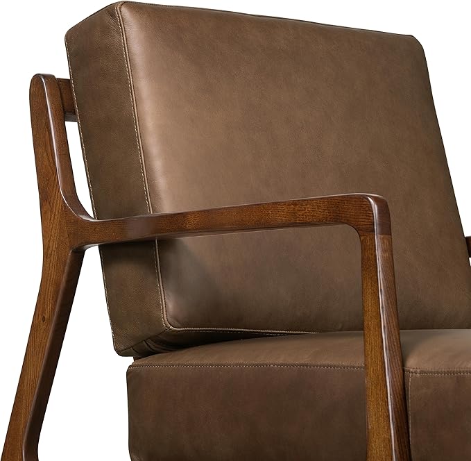 Poly &amp BARK Verity Leather Accent Chair – Armchair with Walnut Wood Frame – Fashion-Forward Lounge Seating for Living Room – Upholstered in Cocoa Brown Leather for Modern Style
