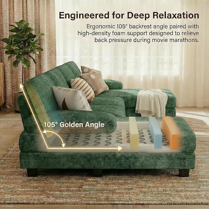 Homall Modular Sectional U Shaped Sofa Couches for Living Room Comfy Chenille 4 Seat Sofa Set with Removable Pillows Lounge Chaise Upholstered Couch for Apartment (Chenille Green)