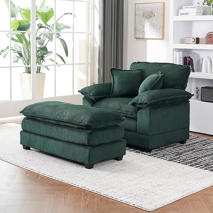 46.9 Oversized Chaise Lounge Chair Indoor with Ottoman Comfy Deep Seat Cloud Sofa Couch Reading Chair Modern Corduroy Upholstered Single Sofa Sleeper Chair for Living Room Bedroom Nursery(Green)