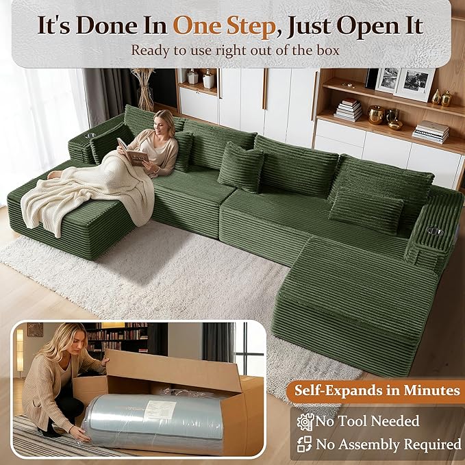 37 Cloud Sectional Couch Ottoman for Living Room Extra Deep Seats No Assembly Minimalist Modular Couch Corduroy (Olive Green Ottoman)