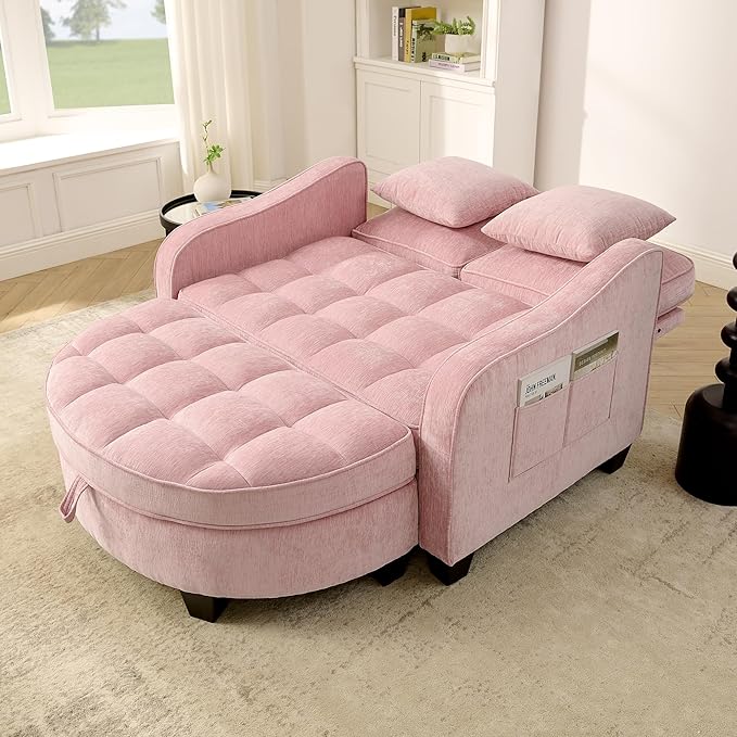 ERYE Chenille Tufted Loveseat Sofa and Ottoman Set Tufted Recliner Sleeper Chaise Lounge with Curved Storage OttomanReclining Backrest and Side Pockets 4 Pillows