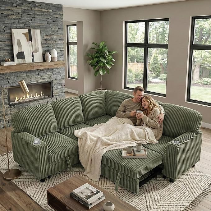 81 Modular Sectional Sofa L Shaped 5-Seater Sleeper Sofa with Pull Out Bed Hidden Storage Cup Holders &amp USB Charging Ports Sectional Couches for Living Room Corduroy Green