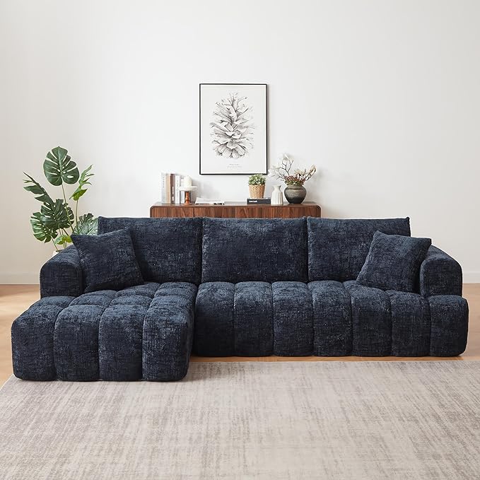 108 L-Shaped Modular Sectional Sofa Chenille Modern Boneless Compression Couch Deep Seat Sofa with Left Chaise Lounge and Pillows for Living Room Bedroom Dark Blue