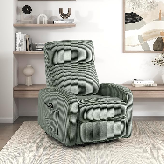 Lexicon Power Lift Recliner Chair for Elderly with Remote Control Gentle Lift Motion Side Pocket Armrest Corduroy Upholstered Electric Recliner for Living Room/Bedroom Easy Assembly Green