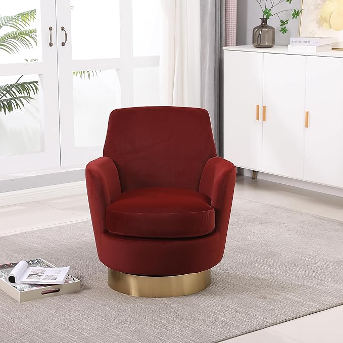 Velvet Swivel Barrel Chair Reading Armchair for Living Room &amp Bedroom Comfy Accent Chair with Gold Stainless Steel Base (Brownish Red)