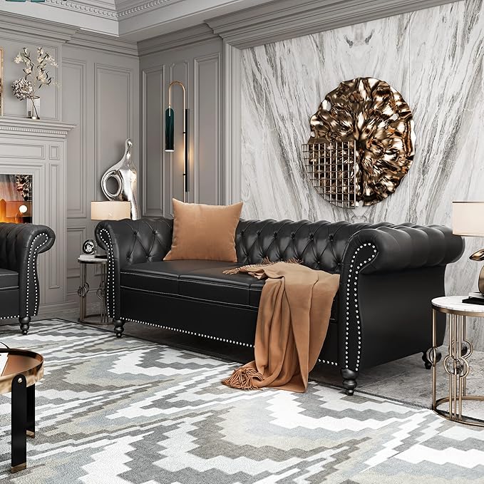 RARZOE Modern 3 Seater PU Chesterfield Sofa Upholstered Tufted Button Leather Chesterfield Couch Classic Faux Leather Settee with Nailhead Trim Scroll Arms for Living Room Bedroom(Black)