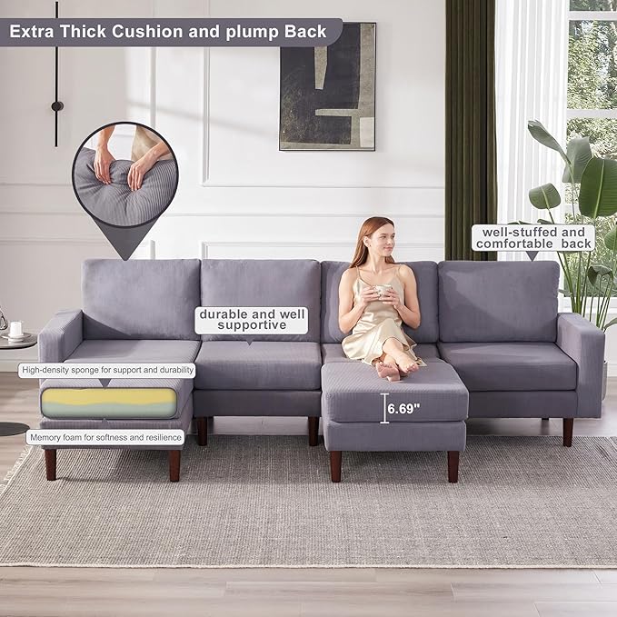 Tbfit Sectional Couch Corduroy L Shaped Sofa with Convertible Chaise &amp Ottoman Sofa Couch Solid Wood Legs for Living Room 6 Seat Grey