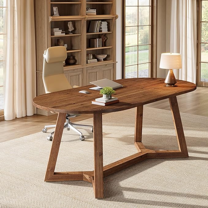 63-Inch Solid Wood Home Office Desk Oval Executive Desk with Sturdy Tapered Legs Farmhouse Computer Writing Table for Office Study Room Workstation (Brown)