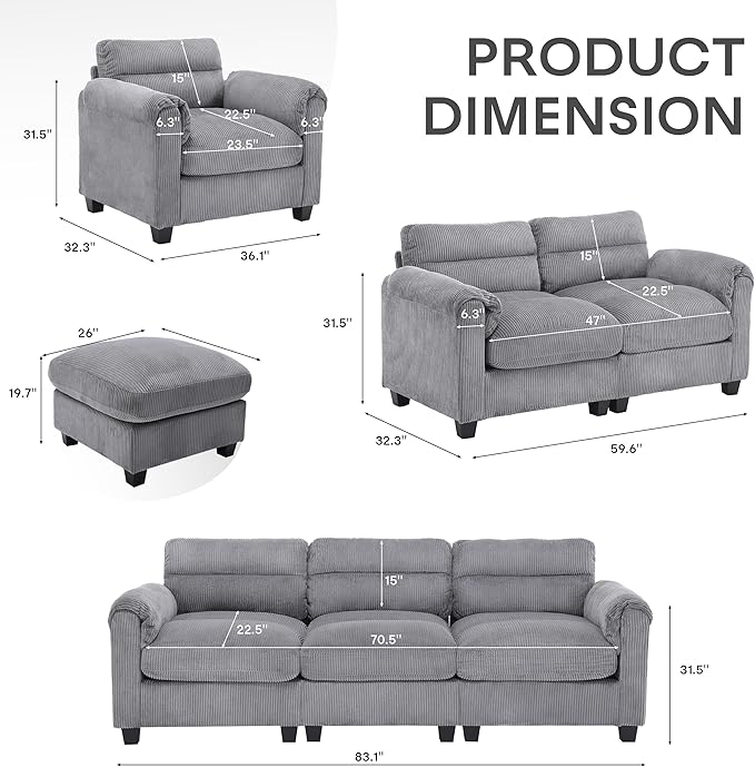 Corduroy Sofa Set Upholstered OttomanArmrest Loveseat and 3-Seater Couch with Plush Cushions and Rolled Arms Modern Living Room Furniture SetsGrey