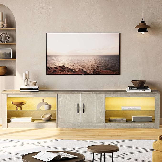 Bestier 80 Inch TV Stand for 75/77/85/86 inch TVs LED Gaming Entertainment Center for PS5 with Storage Cabinet &ampAdjustable Glass Shelves Modern TV Console Table for Living Room Bedroom Wash Whi