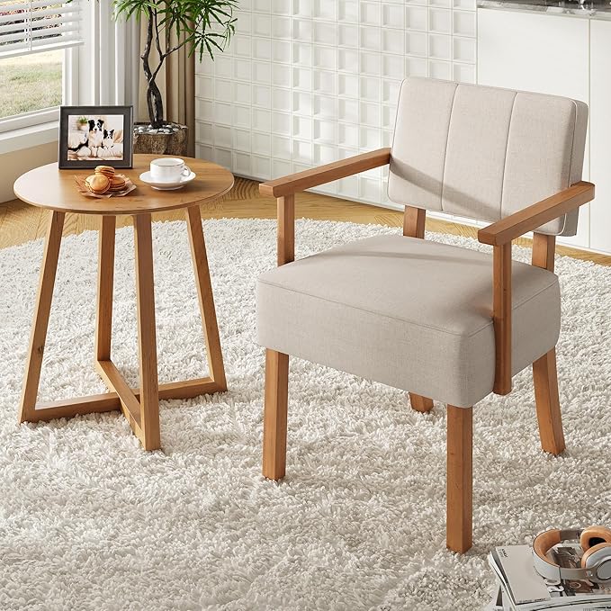 Garvee Mid-Century Accent Chair with Wood Frame. Linen Fabric Upholstered Lounge Armchair with Classic Vertical Stripe. Reading Leisure Chair for Living Room Bedroom Balcony Beige