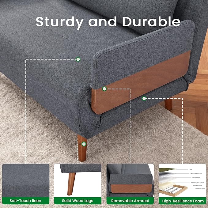 3-in-1 Convertible Sofa Bed Futon Loveseat Couch with Pillow Adjustable Backrest and Removable Armrests Recliner Sleeper Sofa for Small Spaces Living Room Bedroom or Office Dark Grey