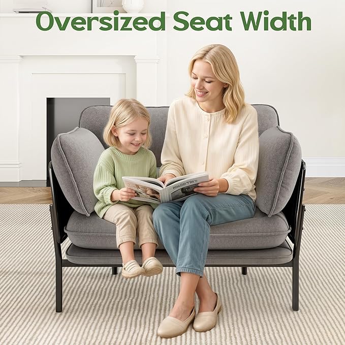 Modern Accent Chairs Set of 2 Oversized Living Room Chairs Reading Chair with Solid Metal Legs Fabric Armchair with Side Pockets and 2 Pillows Accent Chairs for Bedroom Nursery Khaki