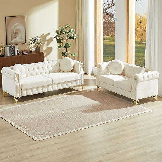 2 Pieces Chesterfield Sofa Set 2 &amp 3 Seater Comfy Tufted Velvet Couch with Rolled Arms &amp Pillows Mid Century Modern Couch and Loveseat Sets Retro Gold Couches Living Room Furniture (Beige)