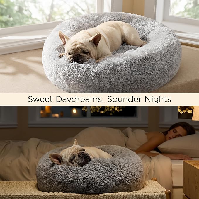Bedsure Calming Dog Bed for Medium Dogs - Donut Washable Medium Pet Bed 30 inches Anti-Slip Round Fluffy Plush Faux Fur Cat Bed Fits up to 45 lbs Pets Pale Grey