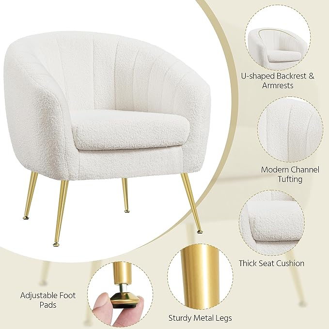 Yaheetech Accent Chair Modern Cozy Vanity Chair with Gold Metal Legs Boucle Fabric Armchair with Removable Seat Cushion for Living Room Bedroom Office Guest Room Ivory 2 pcs