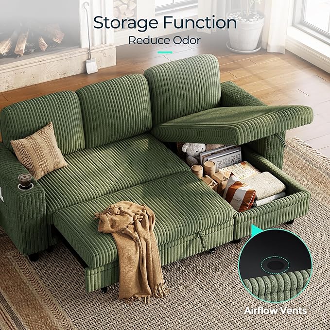 LINSY HOME Pull Out Sleeper Sofa Sectional Couches for Living Room L Shaped Plush Corduroy Couch with Storage&ampUSB Charging Convertible Cloud Sectional Sofa Bed for Apartment Green