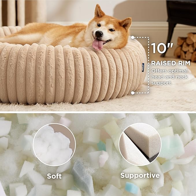 Bedsure ComfyFleece™ Donut Large Dog Bed - Washable Faux Fur with Corduroy Fleece &amp Anti Slip Bottom Round Pet Bed with Removable Cover Sandy Beige 36x36x8 inches