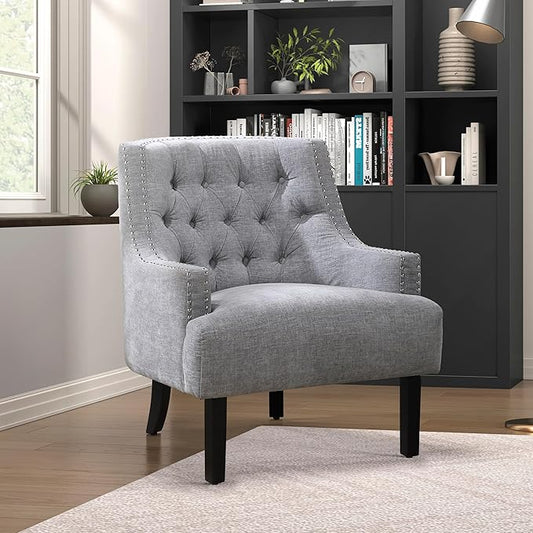 Modern Traditional Chair with Gray Chenille Upholstery and Button-Tufted Design Solid Wood Frame for Living Room Style