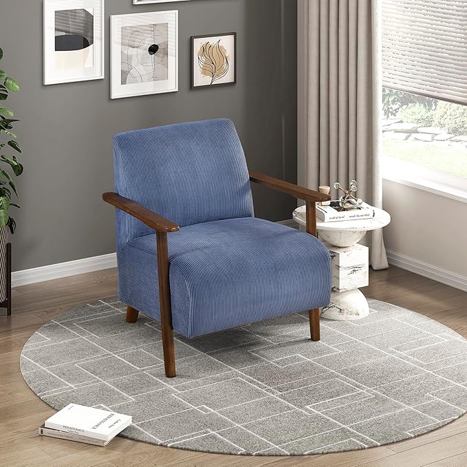Lexicon Modern Accent Chair with Solid Wood Frame in Brown Finish Corduroy Fabric Upholstered Living Room Lounge Arm Chair Thick and Comfy Innerspring Seat Cushion Blue